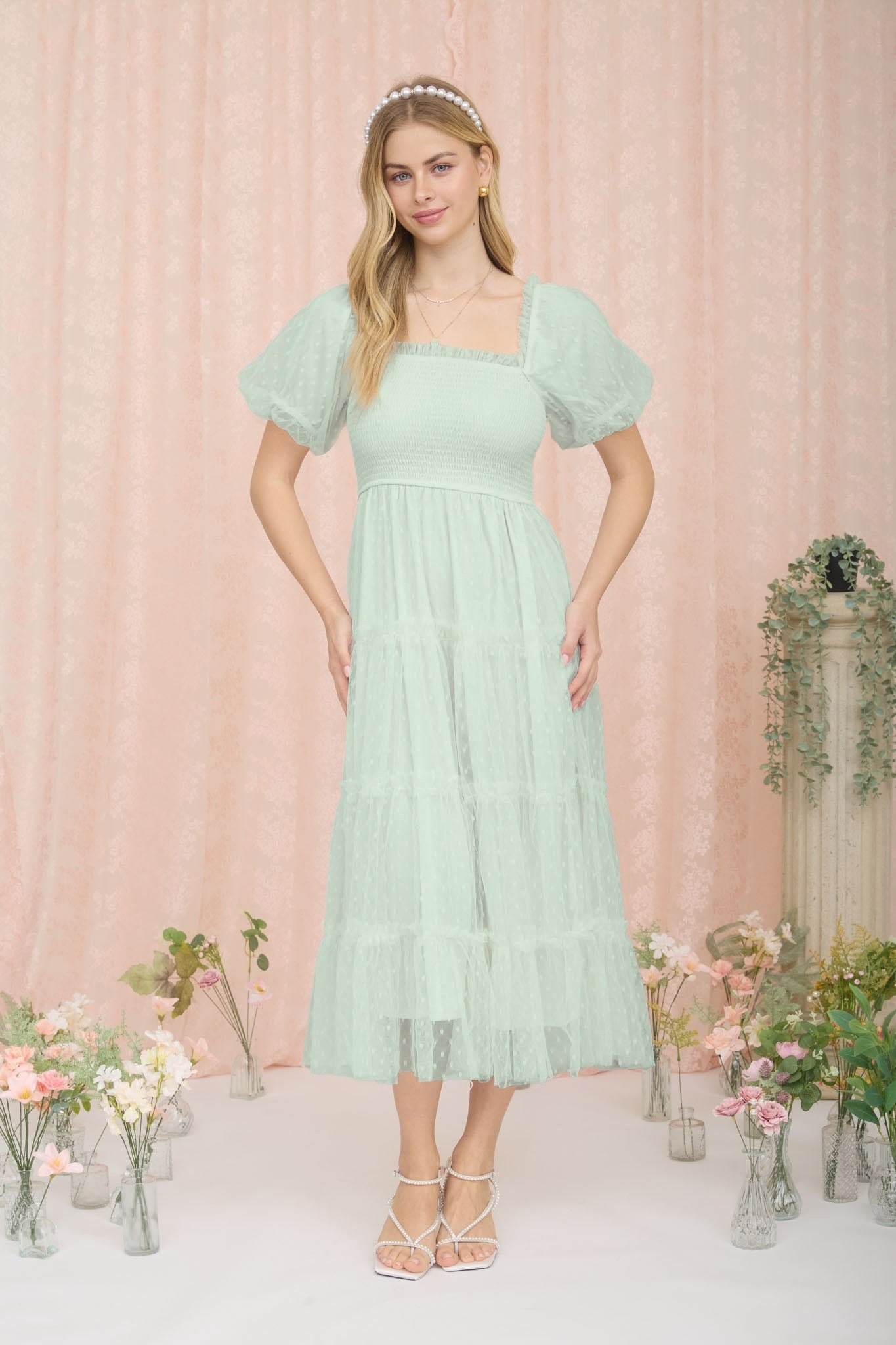 Polka Dot Tulle Puff Sleeve Smocked Tiered Midi Dr