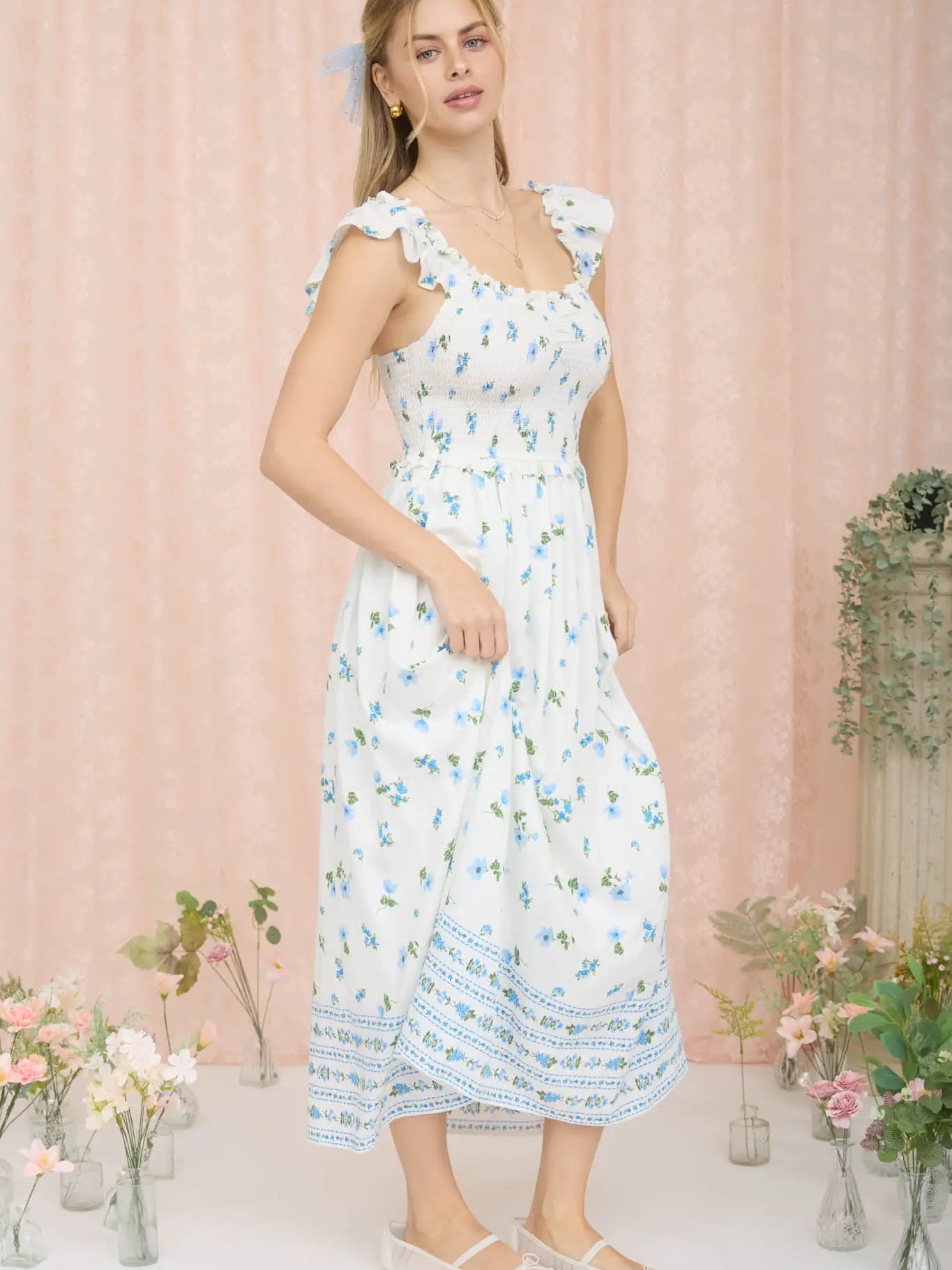 Floral Smocked Ruffle Detail Sleeveless Midi Dress