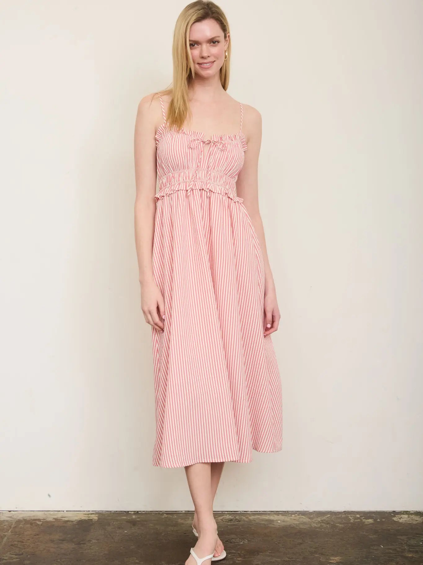 Stripe Spaghetti Strap Keyhole Ruffled Midi Dress
