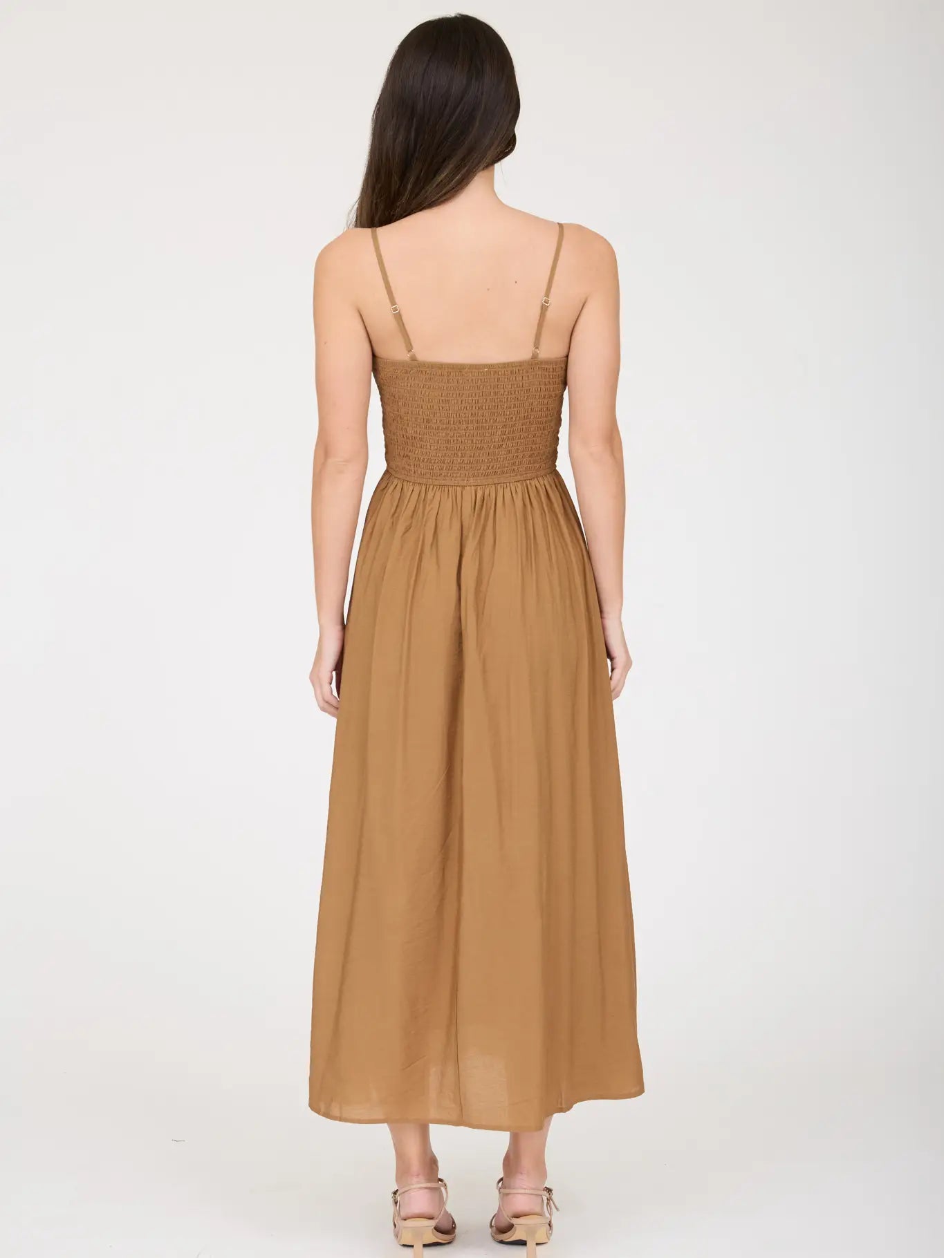 Smocked Basque Waist Spaghetti Strap Midi Dress