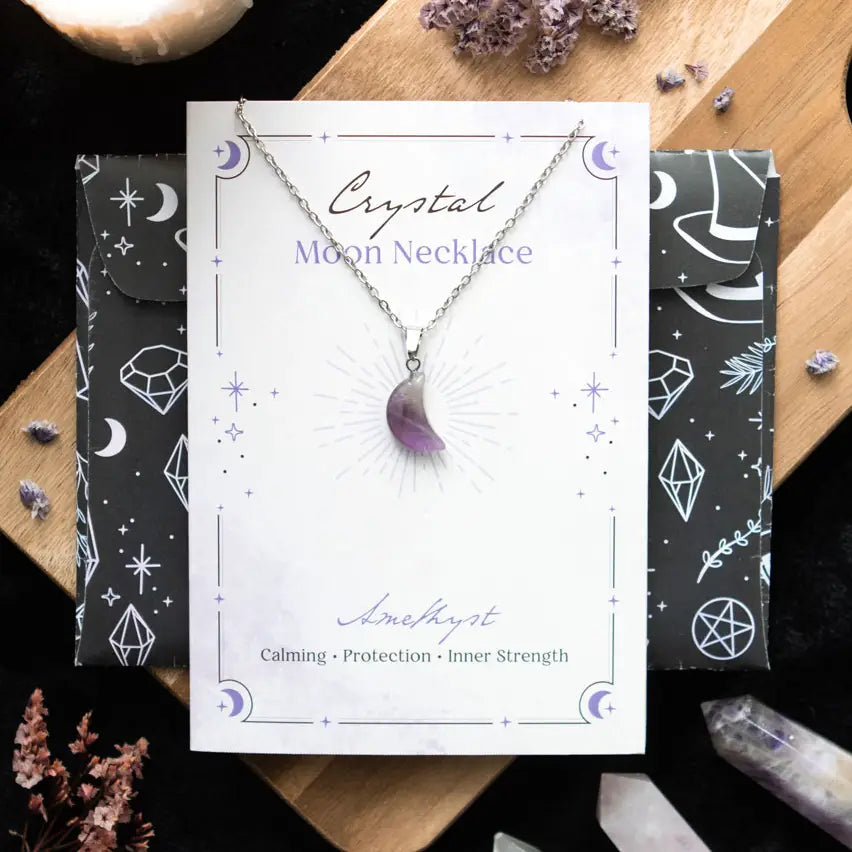 Amethyst Crystal Moon Necklace On Greeting Card