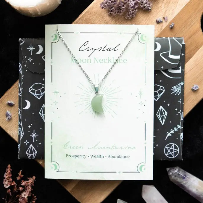 Green Aventurine Crystal Moon Necklace On Greeting Card