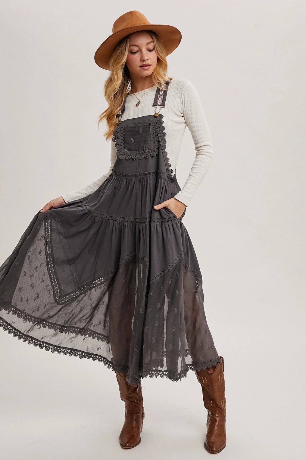 Lace Embroidered Tulle Bib Maxi Dress