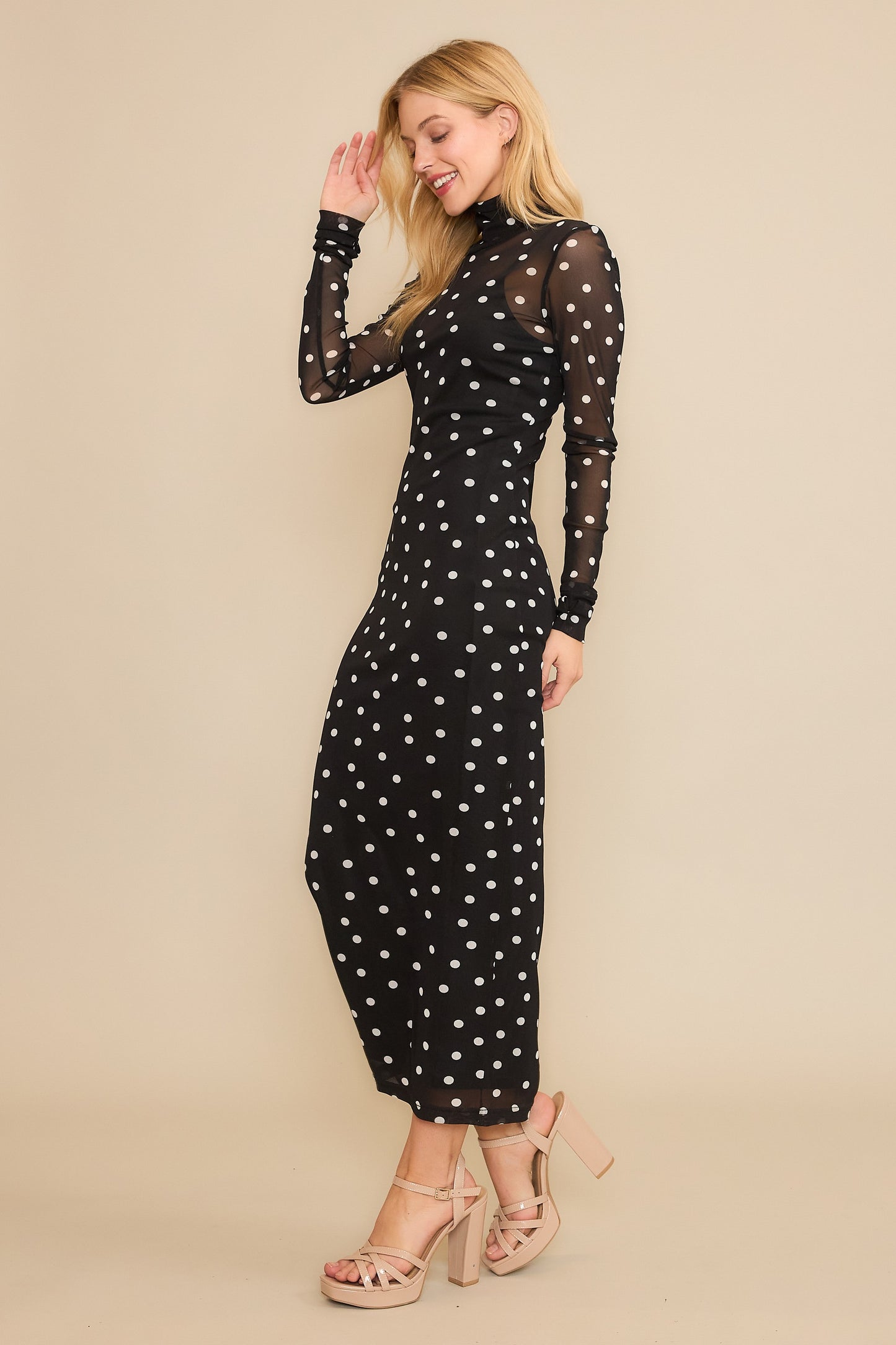 Polka Dot Mesh Print Maxi Dress With Separate Lining