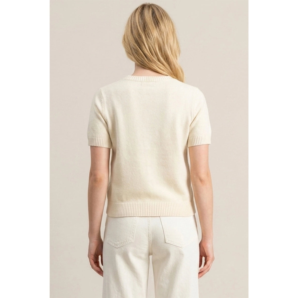 Crew Neck Short Sleeve Button Front Sweater