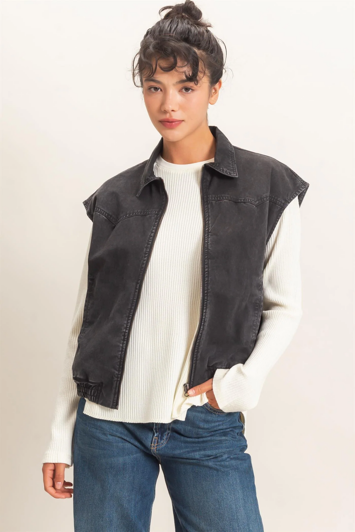 Mineral Wash Sleeveless Zip-Up Collar Vest