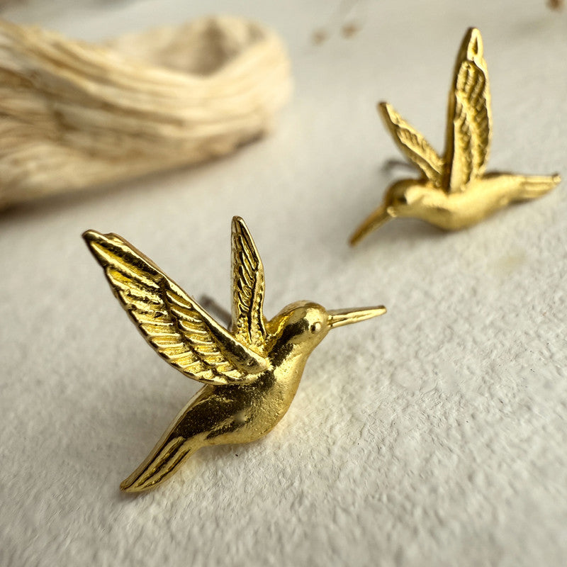 Calliope Hummingbird Stud Earrings Raw Brass