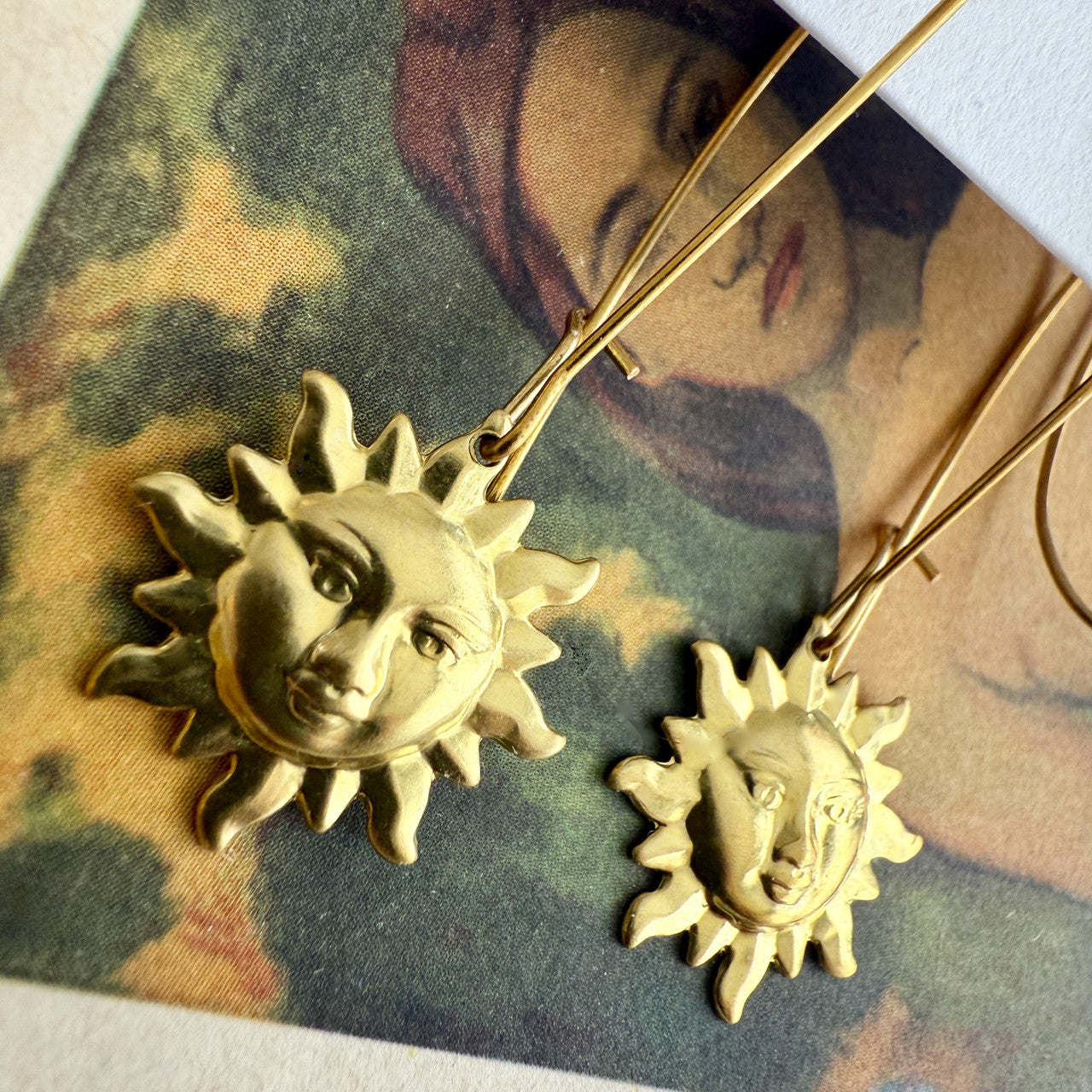 Surya Raw Brass Sun Face Drop Earrings Raw Brass