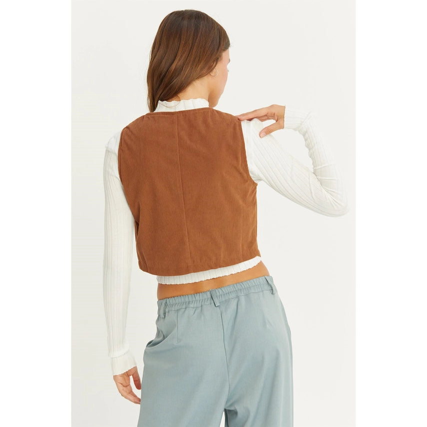 V Neck Buttoned Corduroy Vest