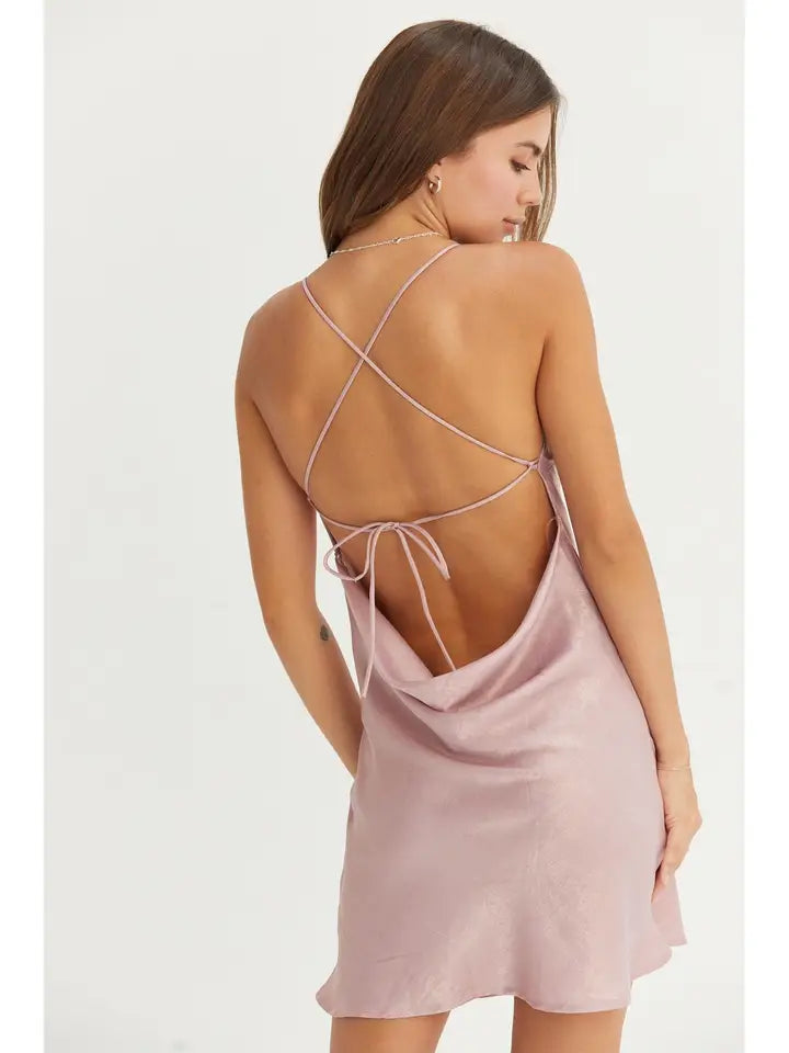 Metallic Cross Back Satin Slip Mini Dress