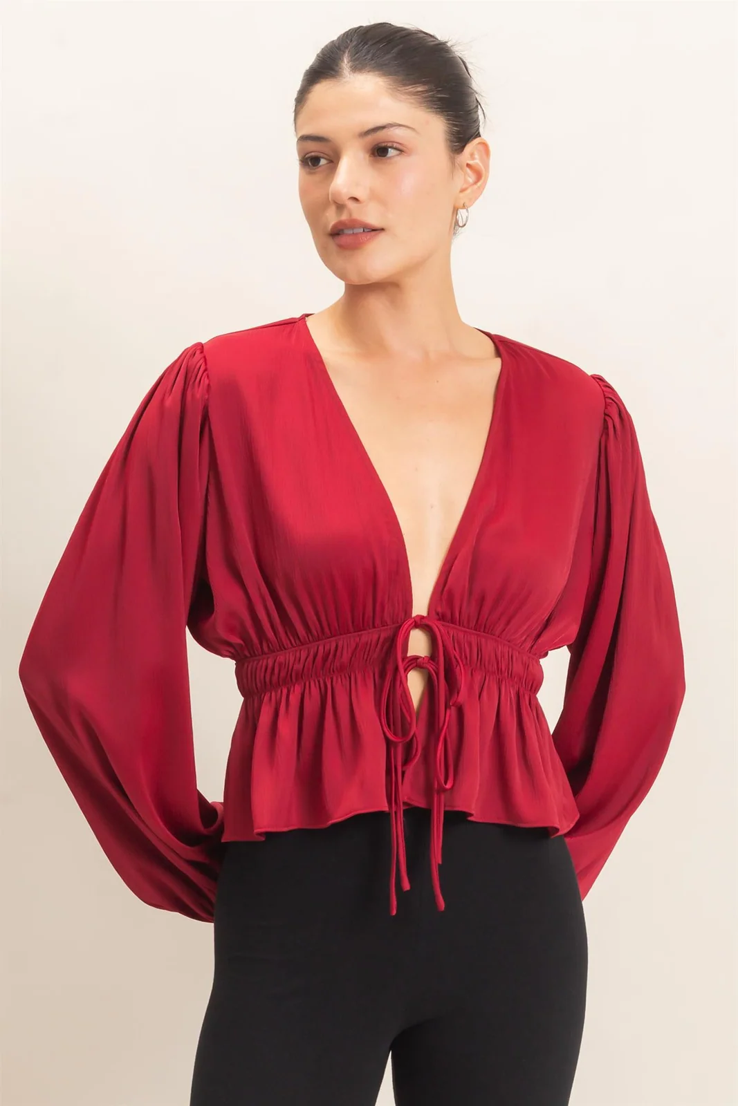 Plunging Tie-Front Blouse