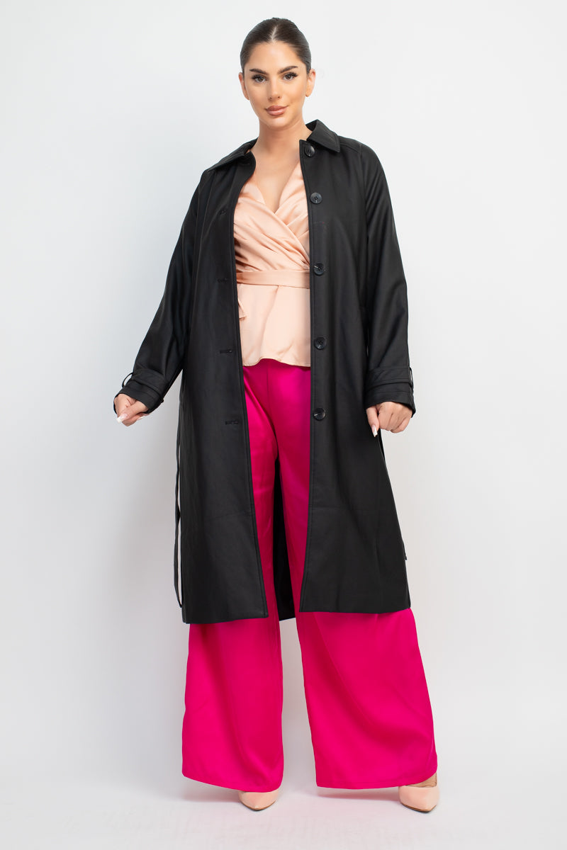 PU Raglan Sleeve Belted Coat