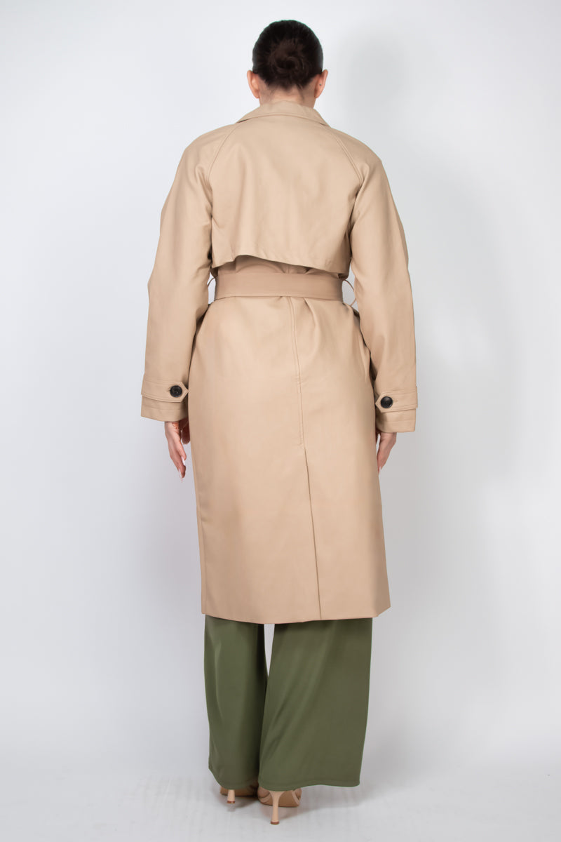 PU Raglan Sleeve Belted Coat