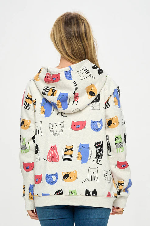 Cartoon Cat Print Zipper Hoodie