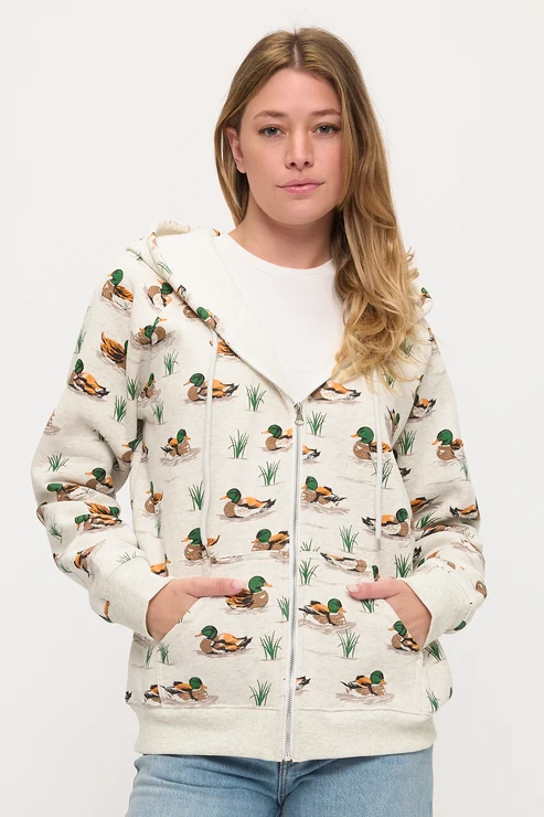 All Over Ducks Print Zip-Up Hoodie
