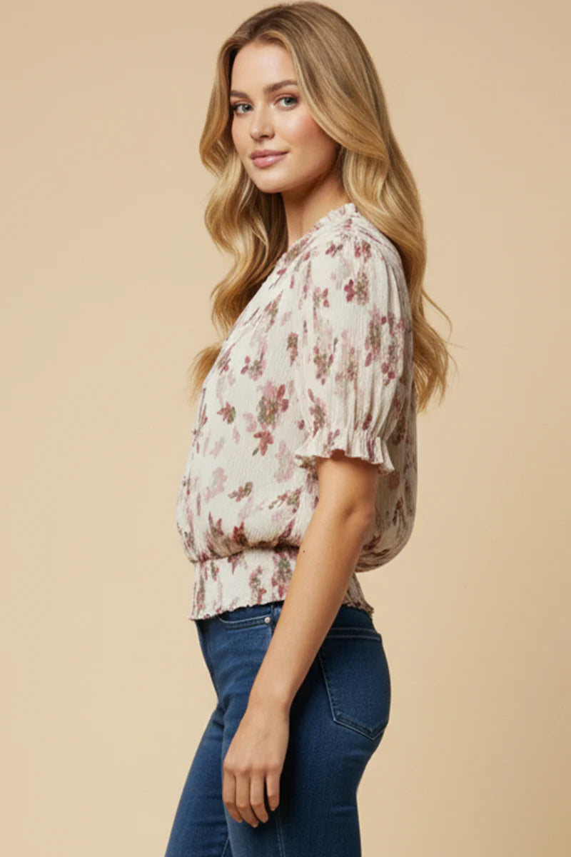 Plus Size Textured Floral Smock Hem Buttoned Blouse