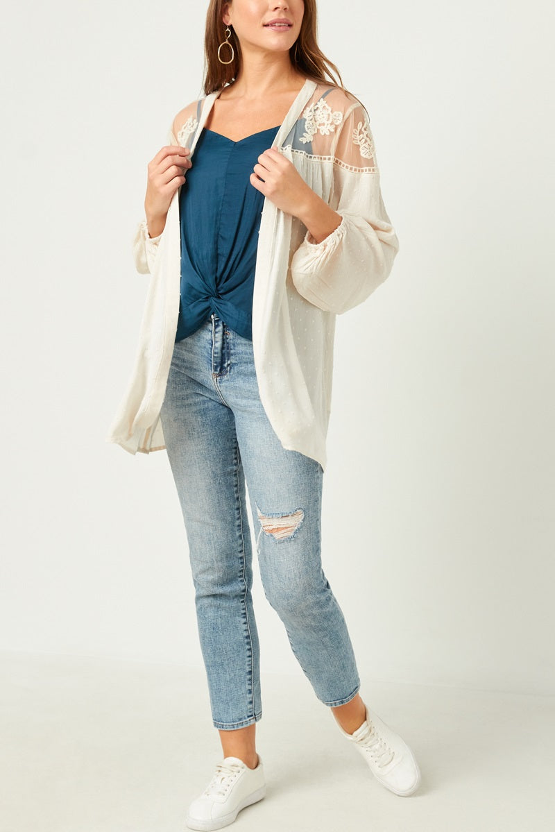 Embroidered Yoke Swiss Dot Cardigan