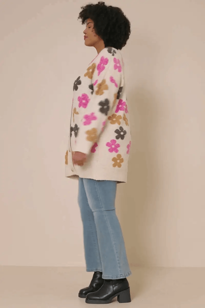 Fuzzy Floral Relaxed Cardigan Plus Size