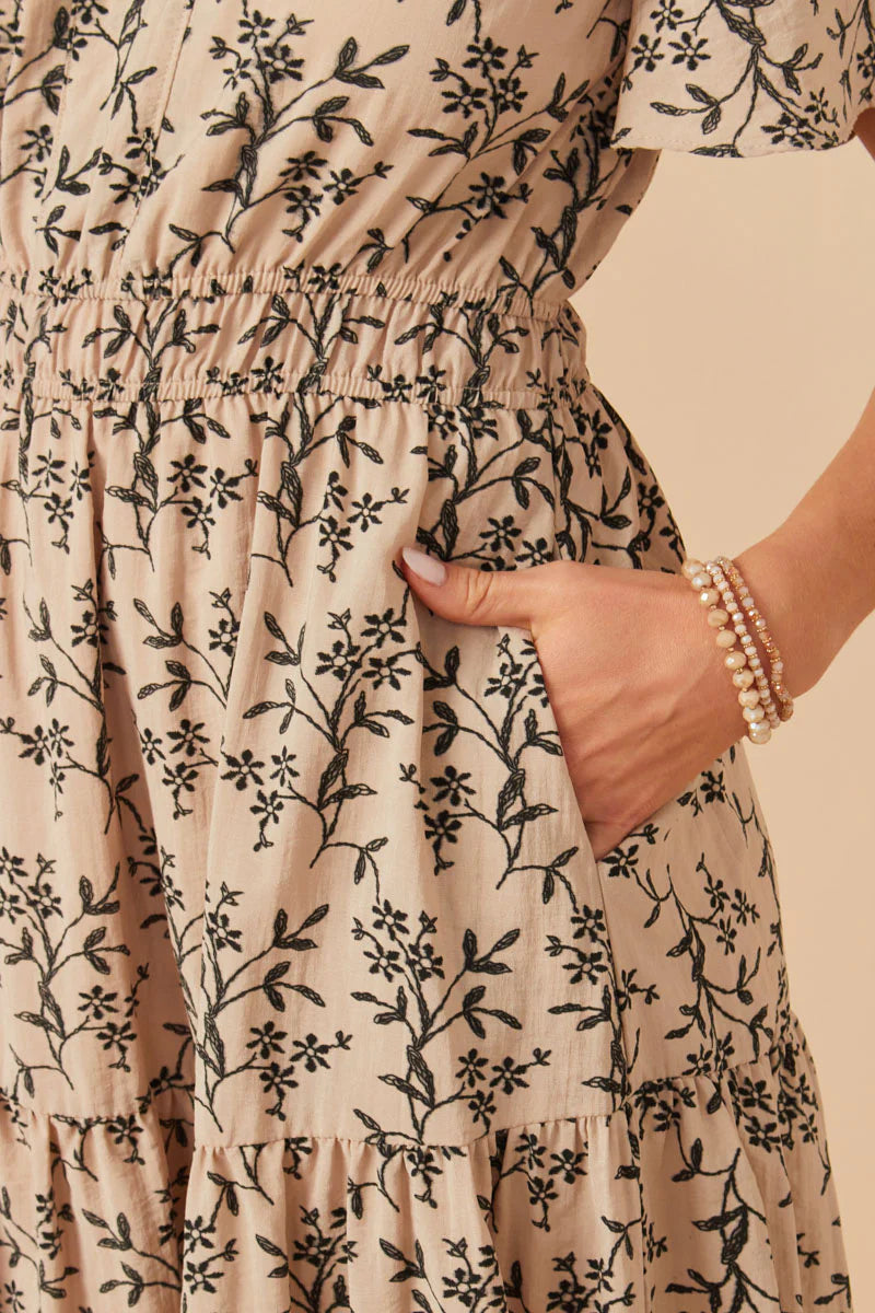Botanical Print Cinch Waist Tiered Dress Plus Size