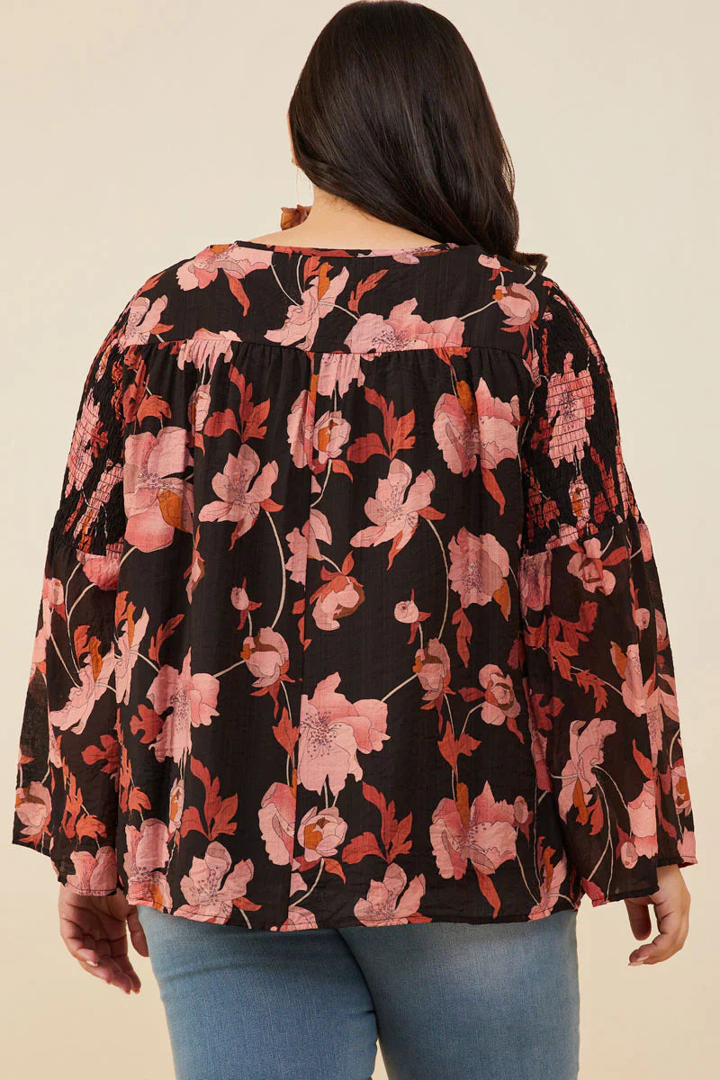 Textured Floral Smocked Tie Front Top Plus Size