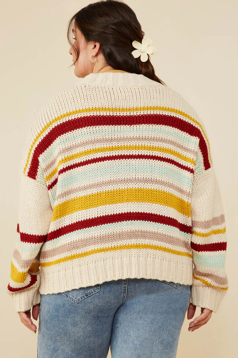 Striped Knit Cropped Cardigan Plus Size Sweater