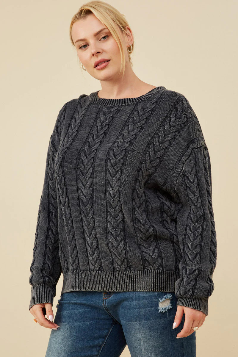 Cable Knit Washed Pullover Sweater Plus Size