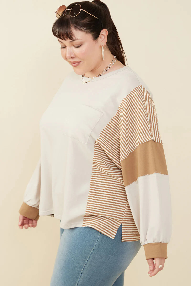 Stripe And Color Block Sleeve Detail Knit Top Plus Size