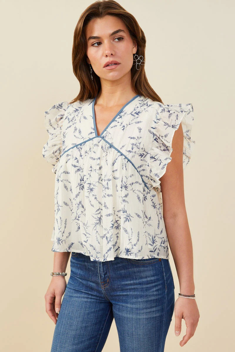 Contrast Piped Textured Floral Ruffle Top