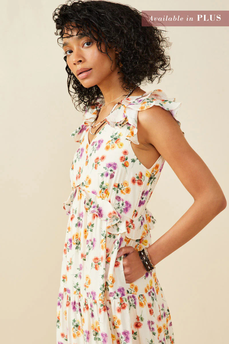 Floral Ruffle Detailed V Neck Tank Plus Dress