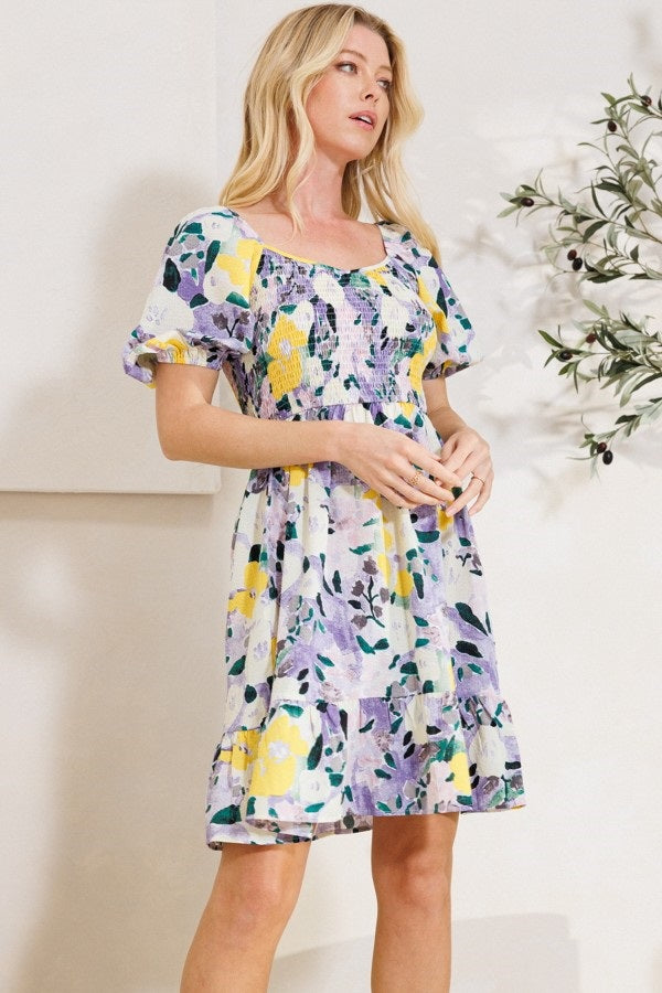 Square Neck Puff Elbow Mini Dress