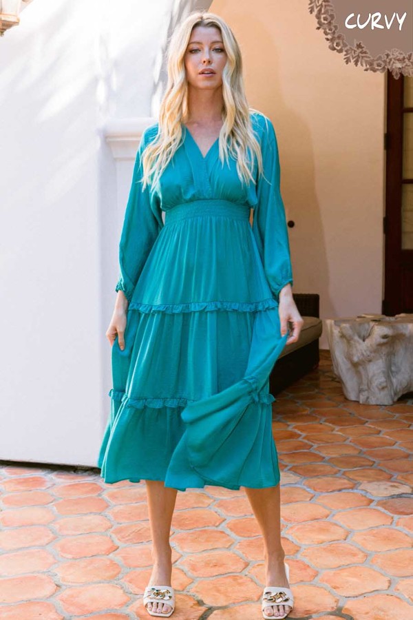Plus Solid Satin Ruffled Wrap Maxi Dress