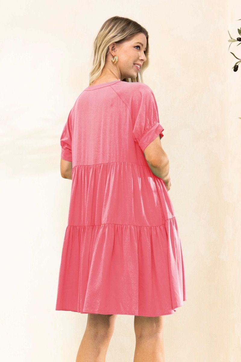 Round Neck Puff Elbow Tier Mini Dress
