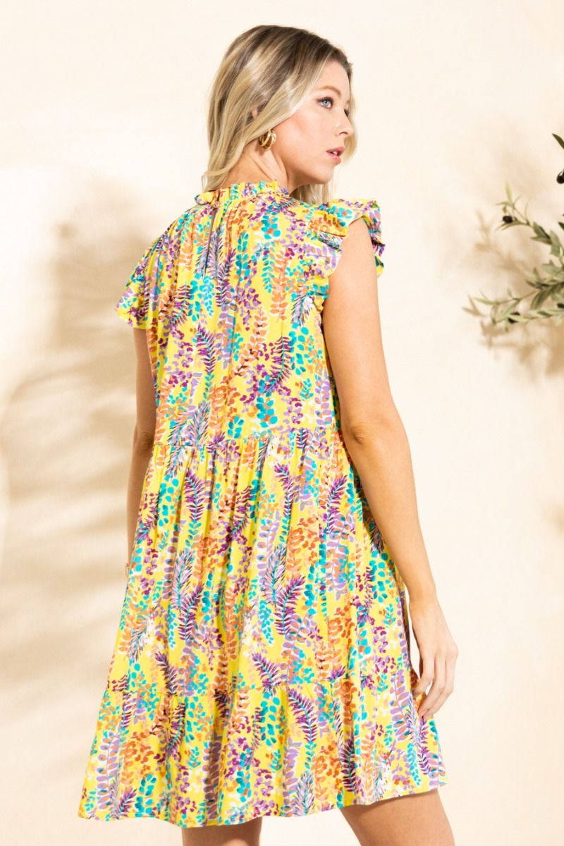 Ruffle Neck Cap Sleeve Floral Leaf Dress