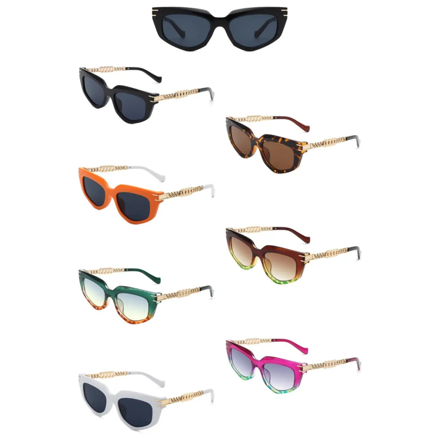 Cat Eye Bold Gold Chain Temples Fashion Sunglasses