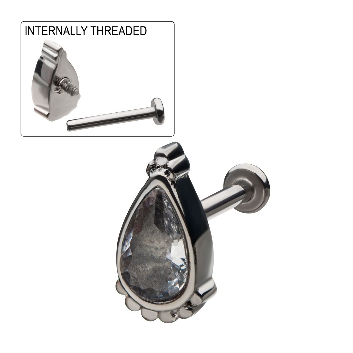 18g Teardrop Shaped Labret with CZ Teardrop Gem