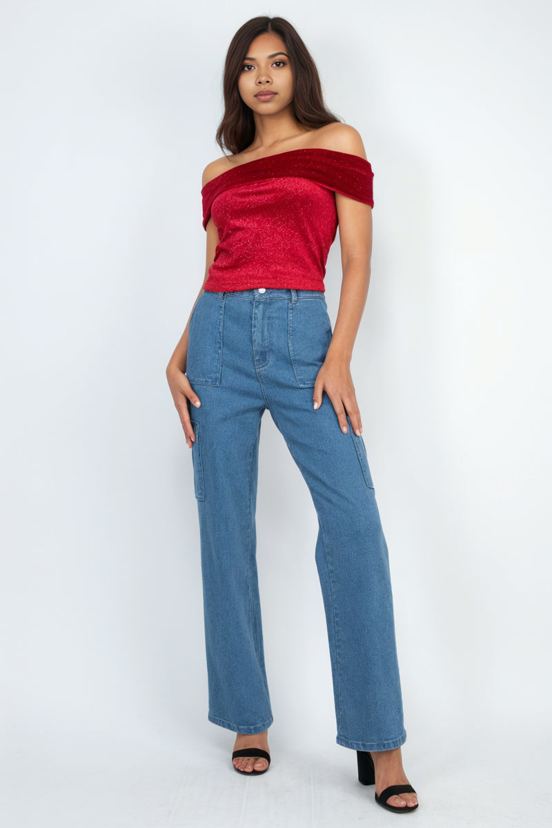 Velvet Glitter Off Shoulder Crop Top