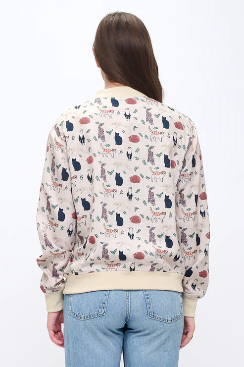 Playful Cats And Leaves Print Bomber Jacket