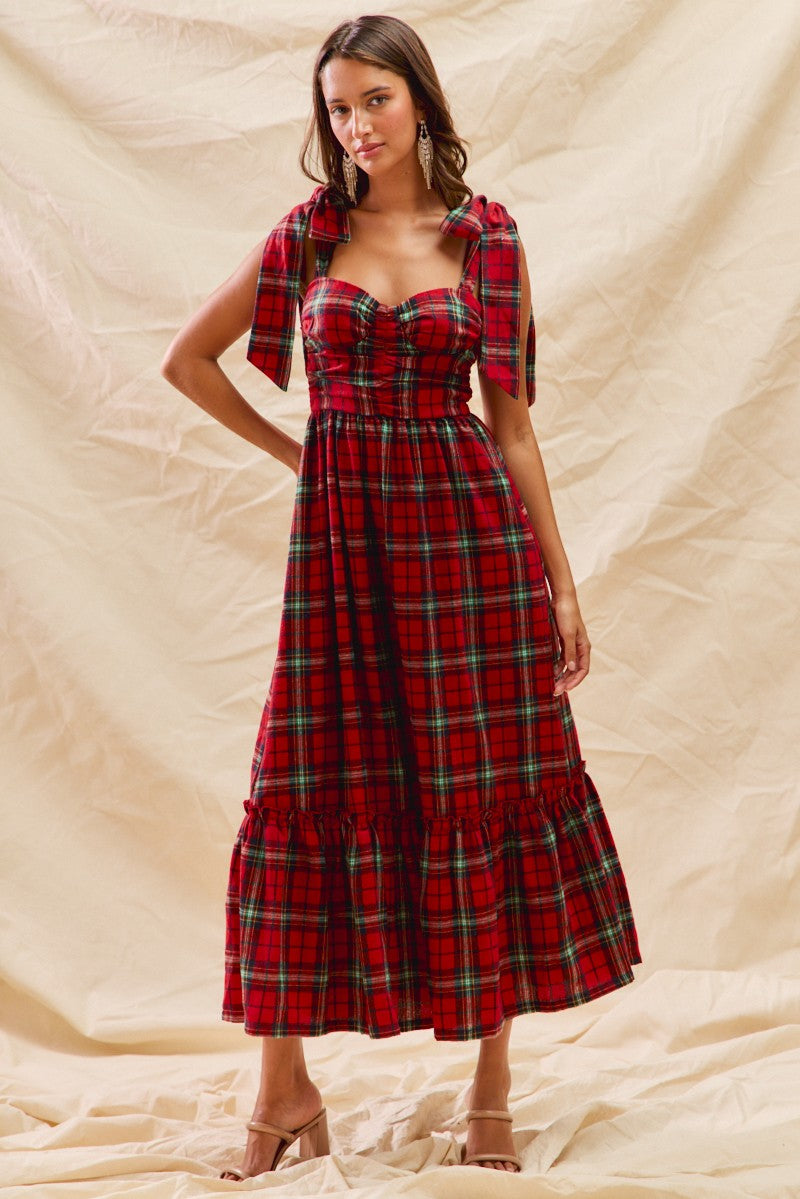 Check Plaid Woven Holiday Midi Dress