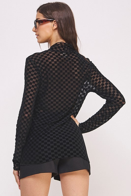 Long Sleeve Checkered Mesh Mock Neck Top