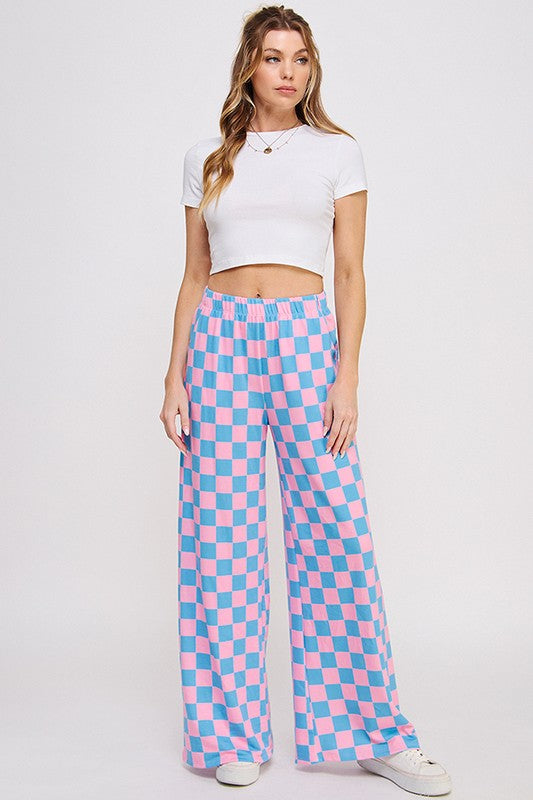 High Waist Checkered Straight Leg Knit Pants