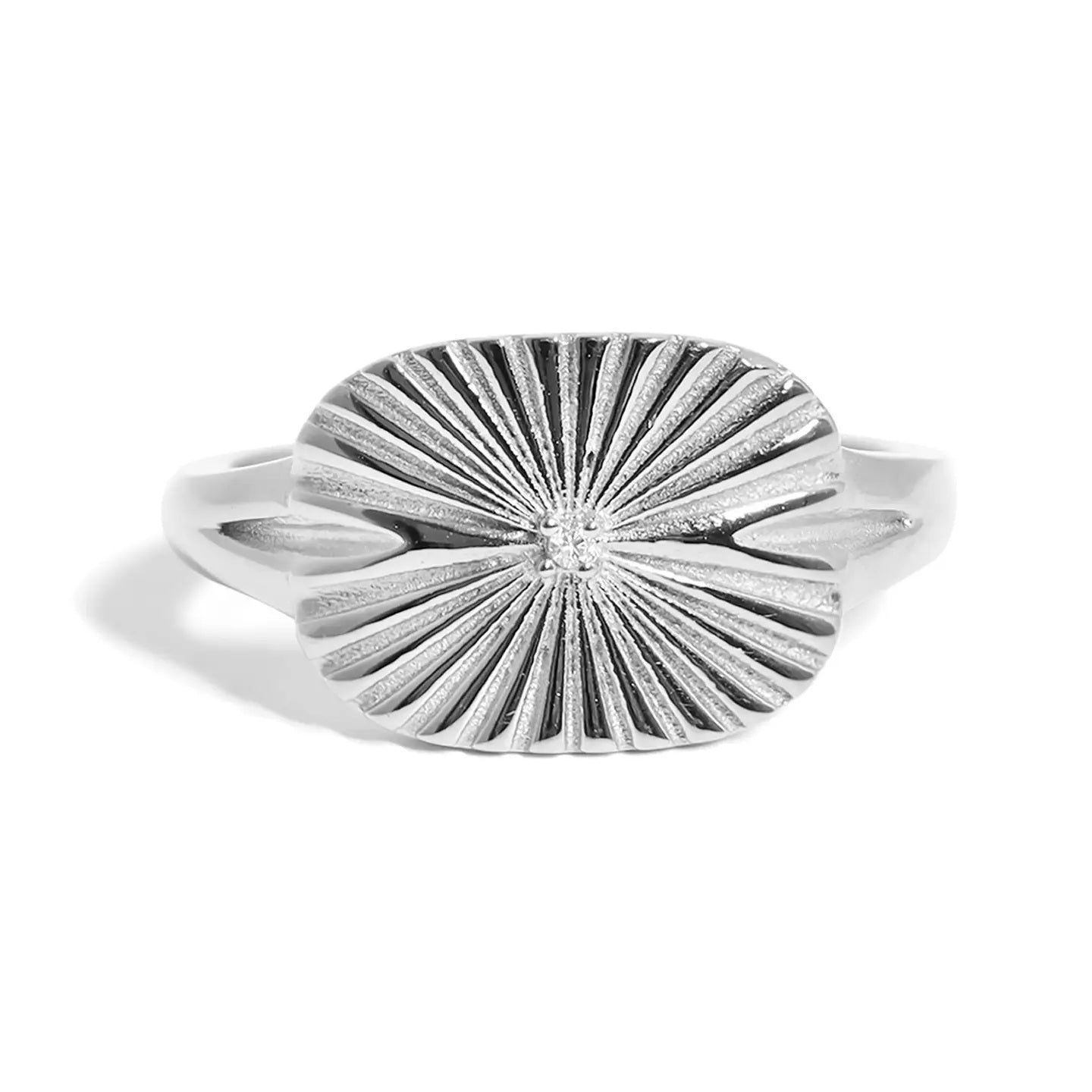 Stainless Steel Cubic Zirconia Sunburst Rectangle Ring