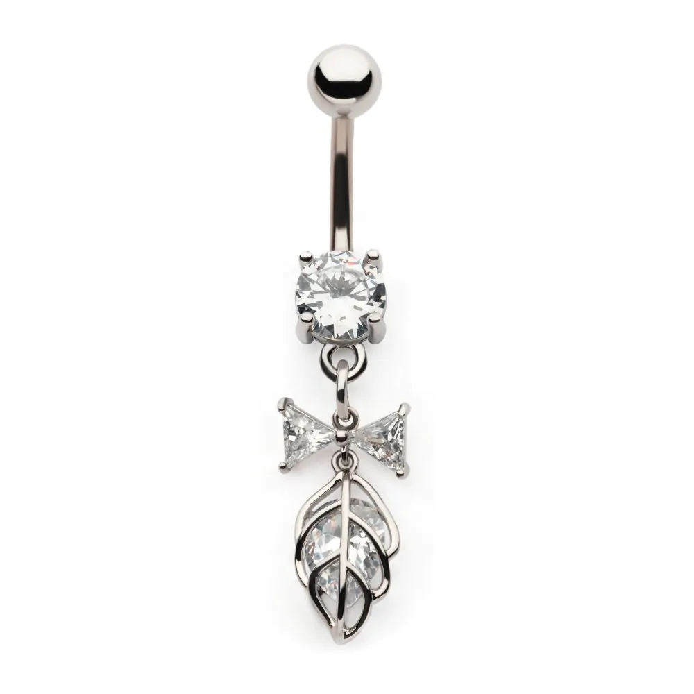 Leaf Caged Gem With Bow Dangle Navel