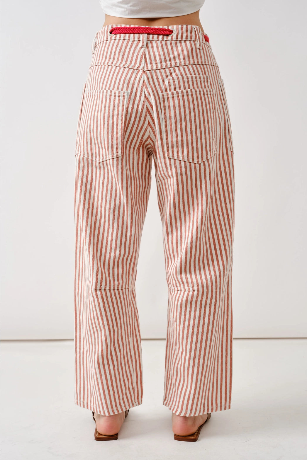 Rust Striped Barrel Denim Pants With Eyelet Waist