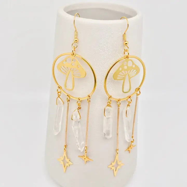 Quartz Crystal Golden Mushroom Pendant Earrings