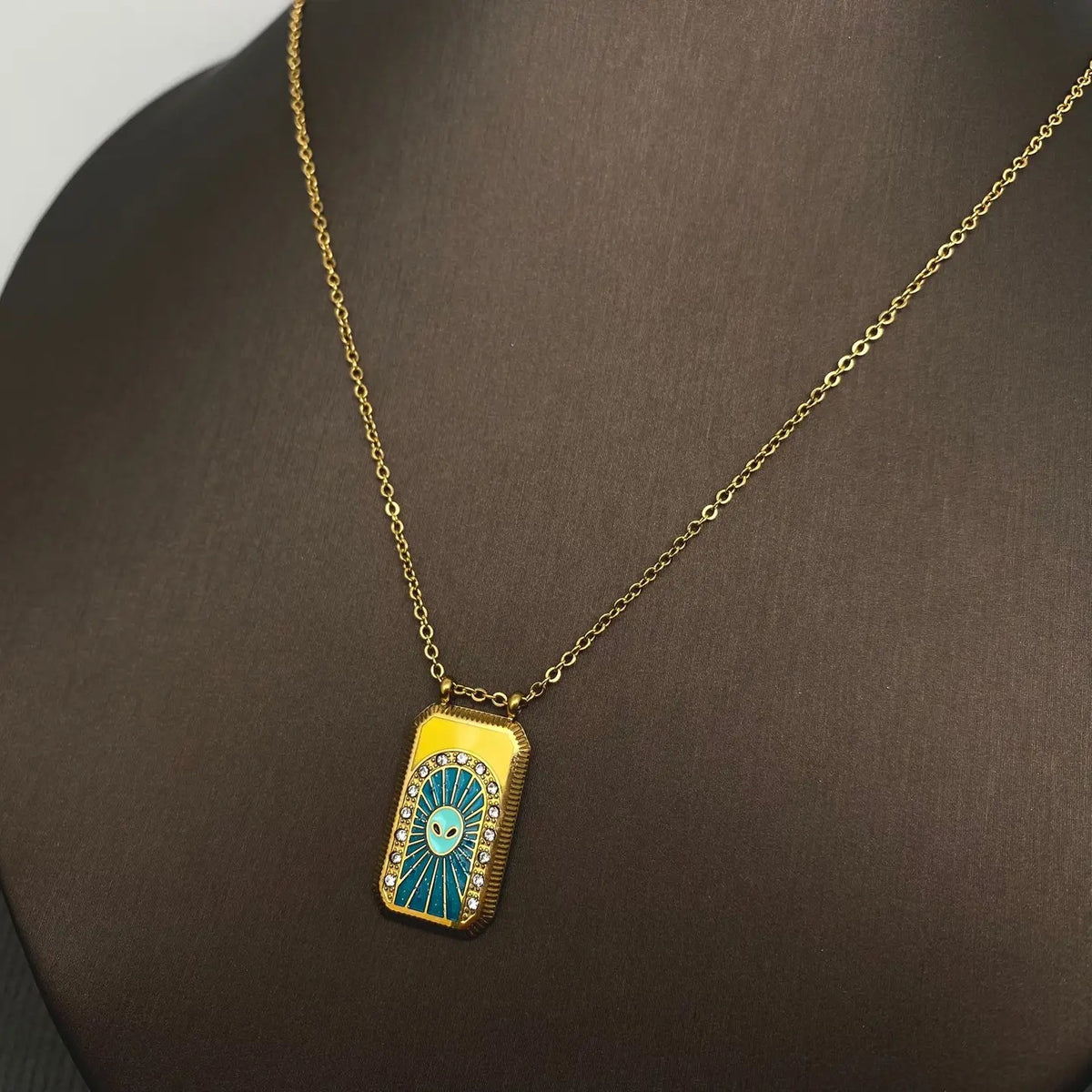 Cz Enamel Alien Tarot Charm 18K Gold Plated S.Steel Necklace