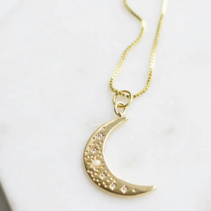 Crescent Moon Opal and Crystal Steel 14K Gold Necklace