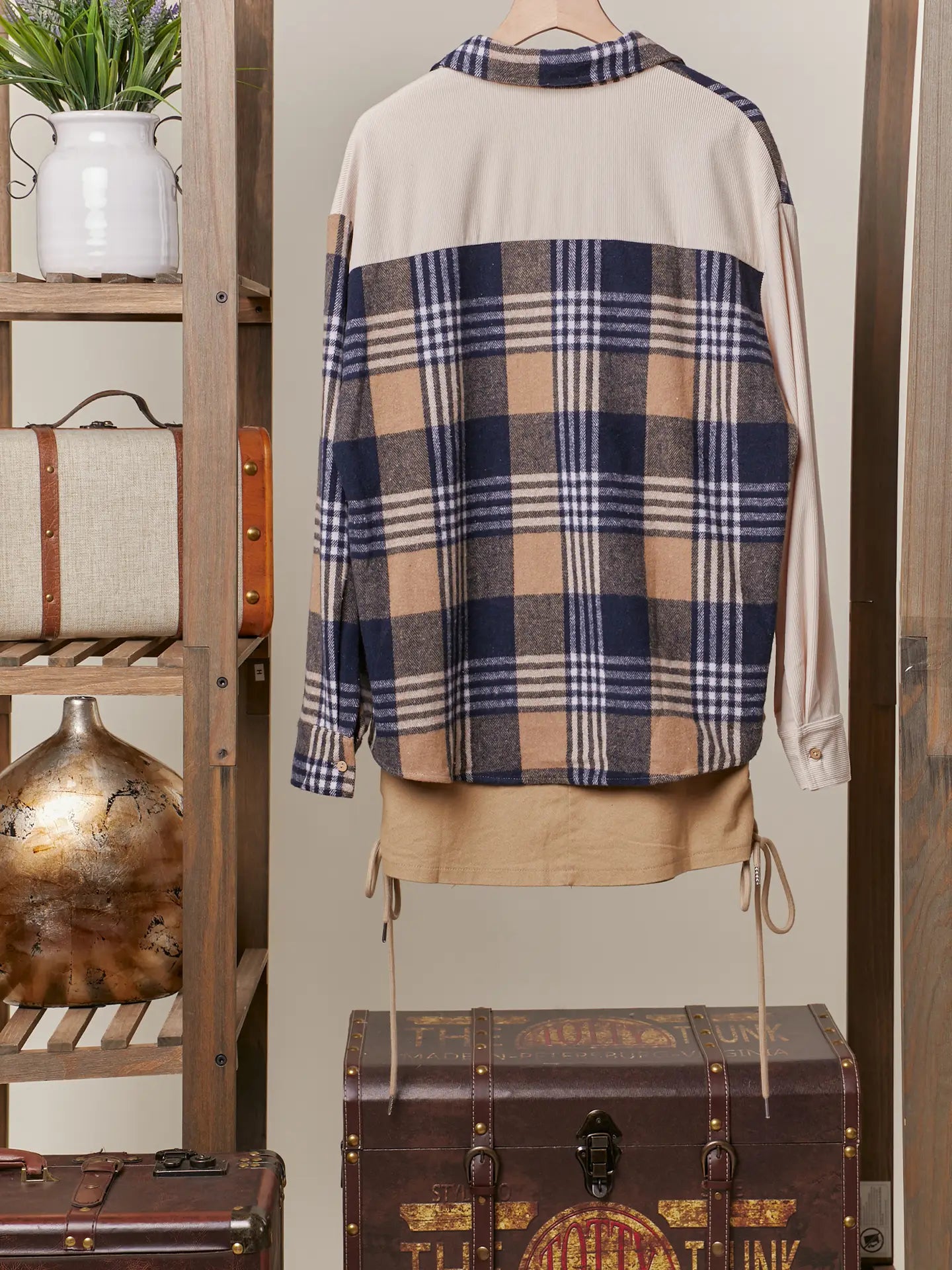 Corduroy Color Block Plaid Shirt Shacket