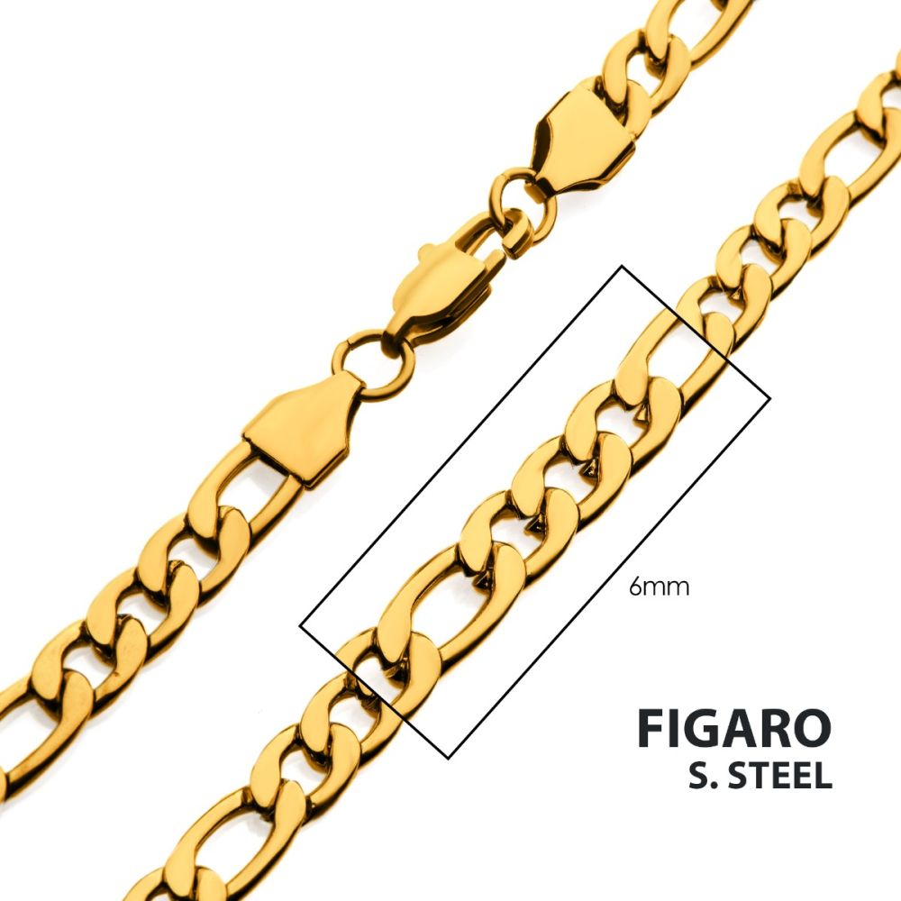6mm 18Kt Gold IP Figaro Chain Necklace 26"