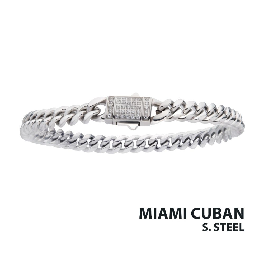 Steel Cuban Chain W/ CZ Clasp 6mm x 8"