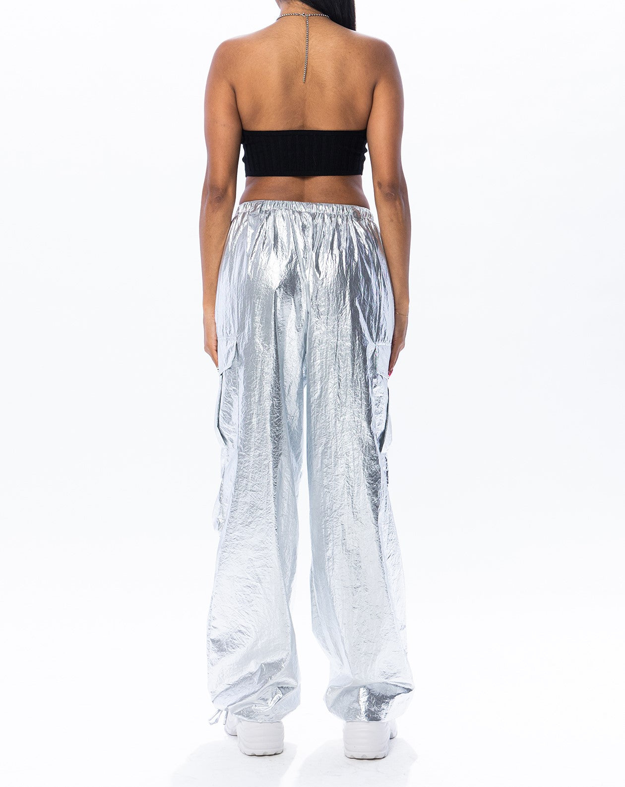 Metallic Low Waist Cargo Parachute Pants